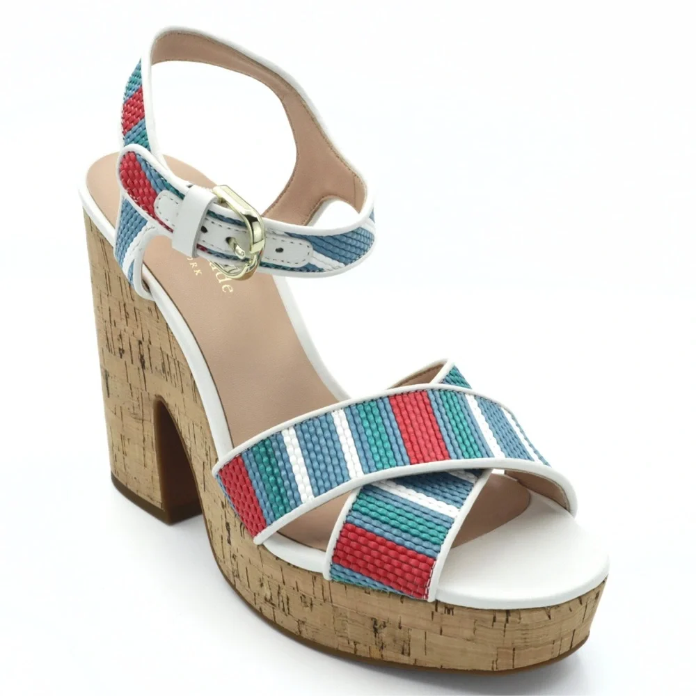 Kate Spade New York Grace Raffia Platform‎ Wedge Sandals Striped Women’s 8B